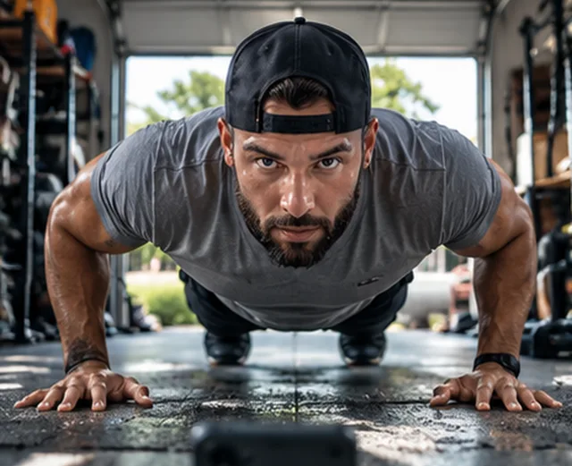 Push-up challenge in a garage gym
